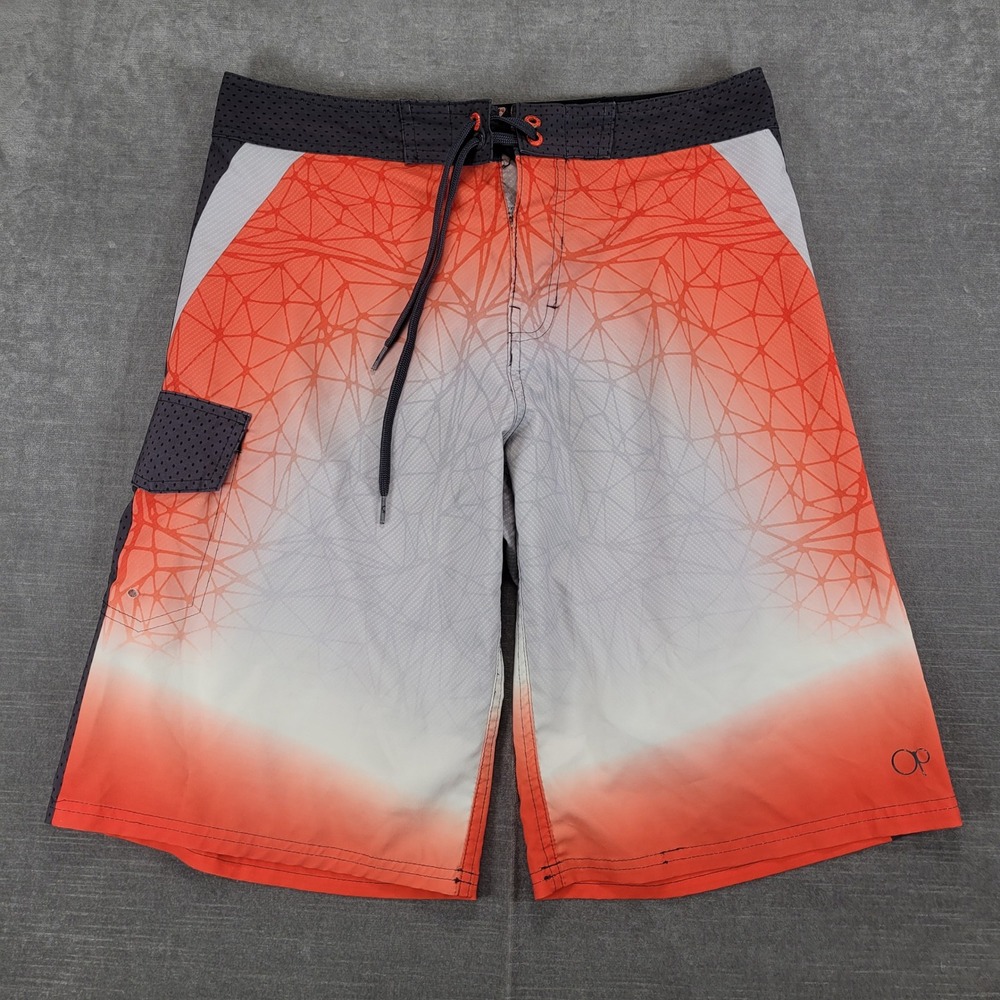 OP Ocean Pacific Mens Board Shorts Size 30 Orange White Geometric Swim‎ Trunks
